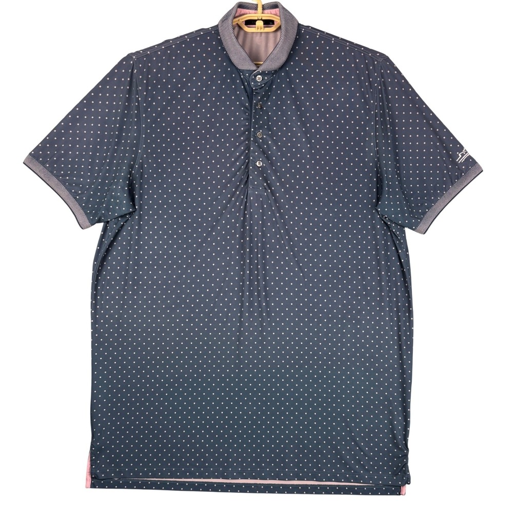 Greyson Mens XL Golf Polo Shirt Navy Blue Pink Polka Dot Recycled Performance